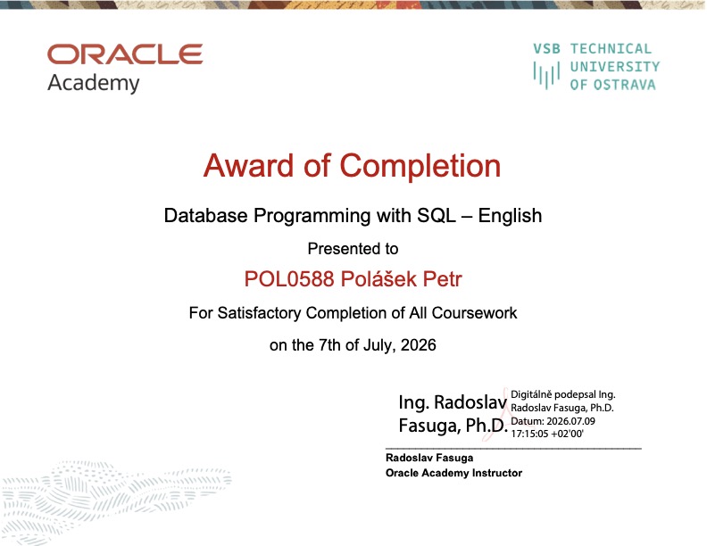 Náhled certifikátu Database Programming with SQL – English